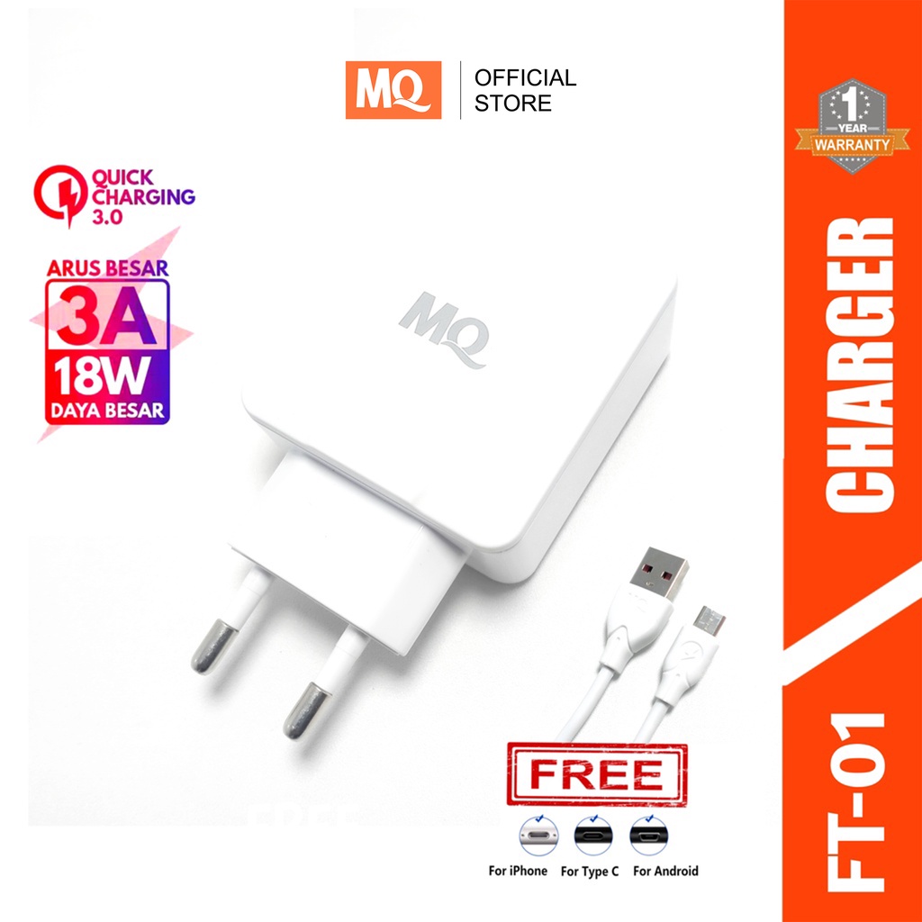 MQ Charger Qualcomm 3A 18W QC 3.0 with Cable Quick Charger Original MQ FT-01 - Garansi 1 tahun