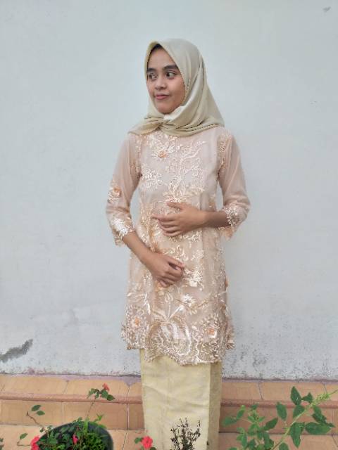 Baju kurung tulle bordir 3D krem