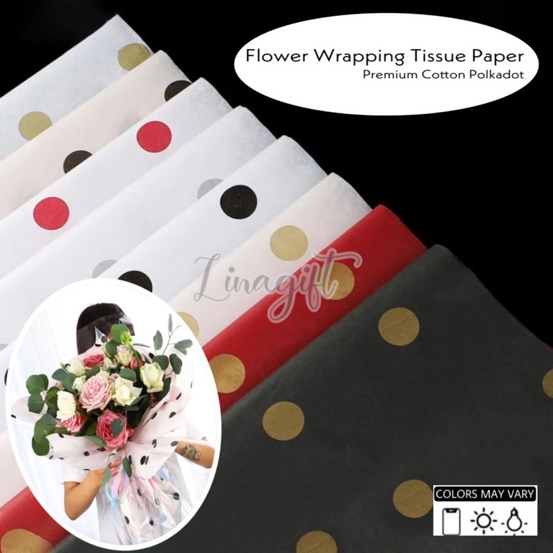 ( 5 Lembar ) PREMIUM COTTON POLKADOT - FLOWER WRAPPING TISSUE PAPER WATERPROOF - KERTAS TISU BUNGA ONDE DOT RANGKAIAN BUKET FLORIST