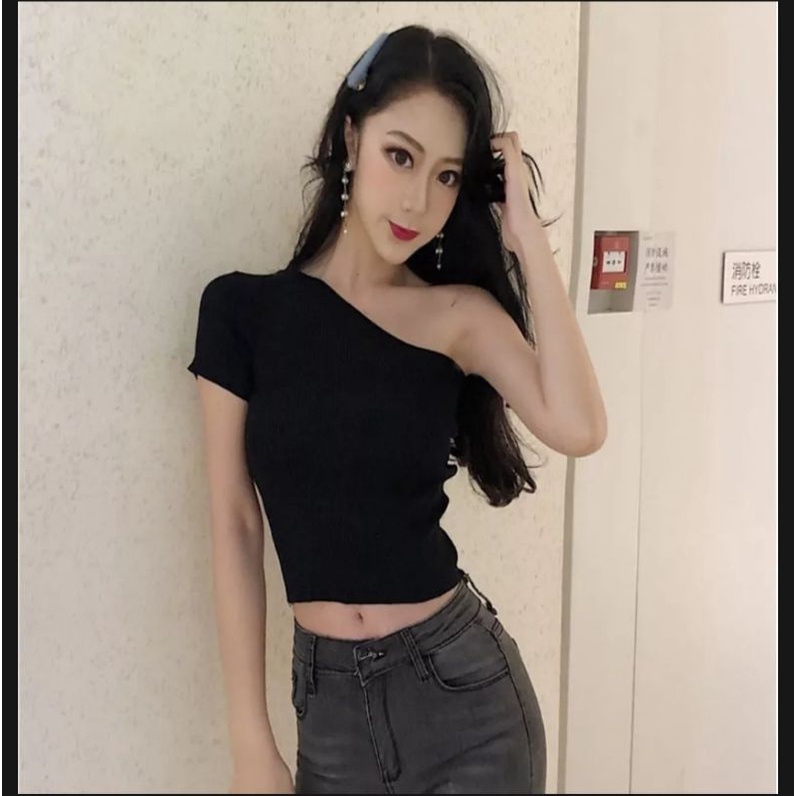 inma Fashion One shoulder crop kaos sexy - Kaos model Korea