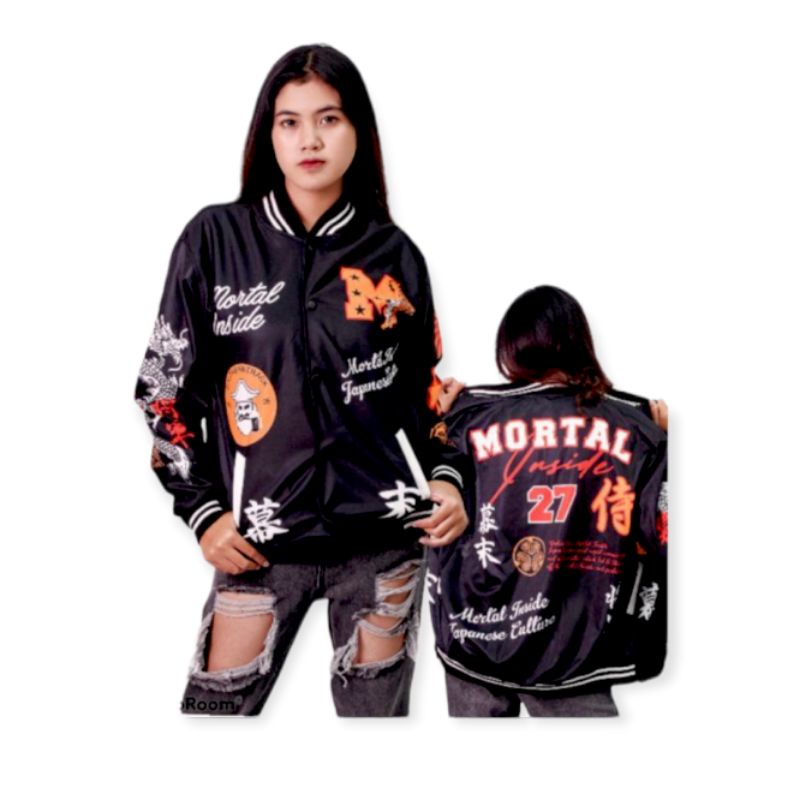 ( BISA COD) JAKET VARSITY BASEBALL MOTIF TERBARU PRIA WANITA SIZE XL-MORTAL TANGAN HITAM
