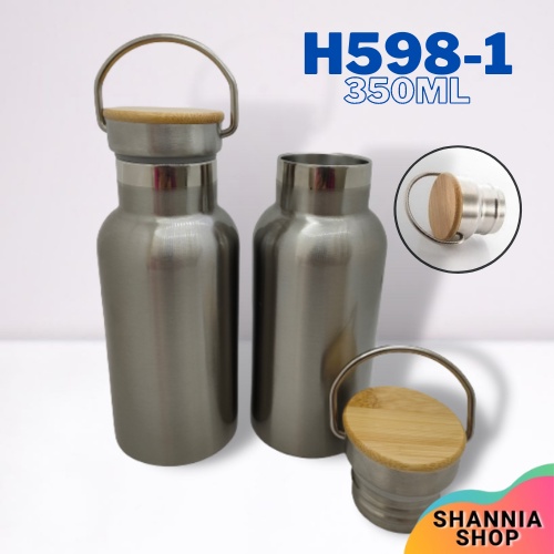 H598-1 [ SILVER ] Termos Tutup Bambu MINI  350 ML / Botol Stainless Steel Tahan Panas