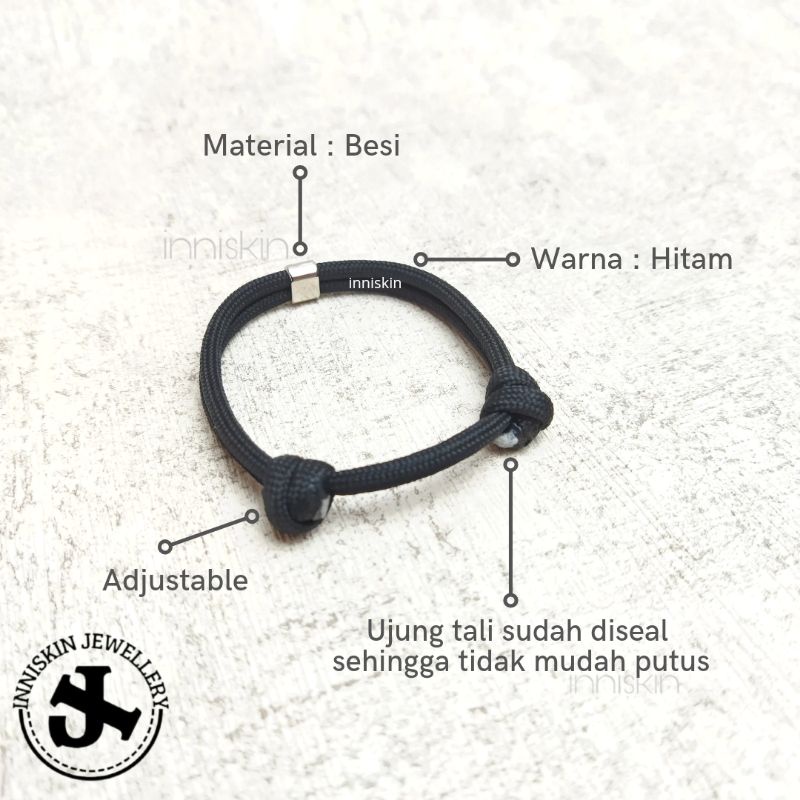 Gelang Parcord 4mm Hitam + Besi Silver / Gelang Paracord 4mm Besi / Gelang Paracord / Gelang