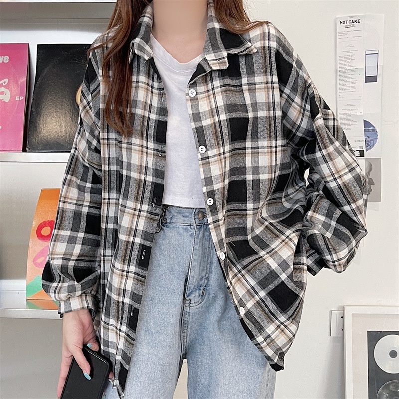 Kemeja Wanita Casual Lengan Panjang Model Longgar Motif Kotak-Kotak KoreaStyle Atasan M-3XL-hitam orange