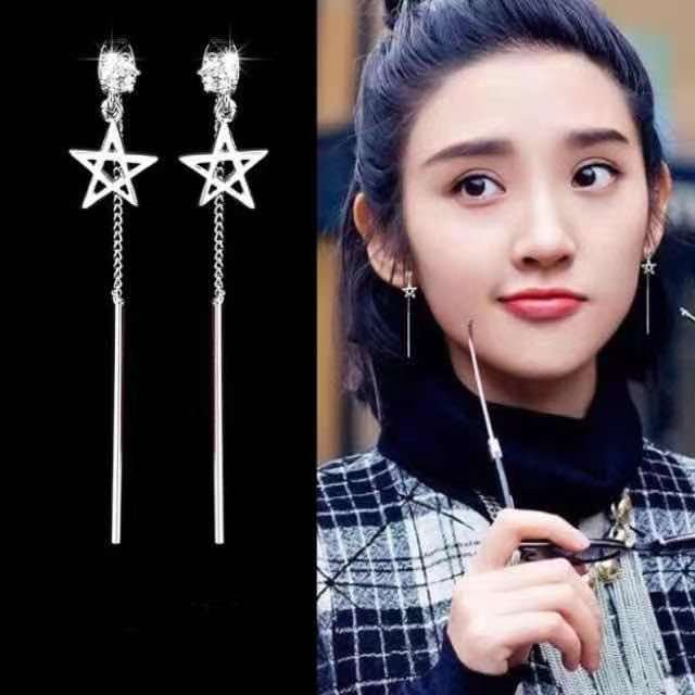 S925 sterling silver anting-anting anting-anting gaya Korea pentagram zirkon menjuntai anting-anting