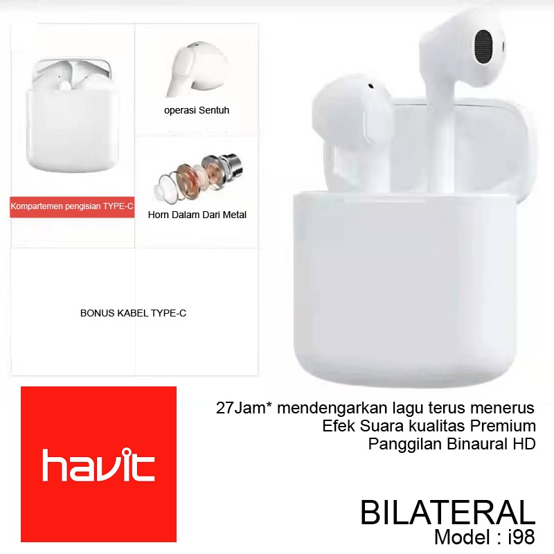 HEADSET BLUETOOTH NIRKABEL HAVIT I98 EARPHONES TANPA KABEL BLUETOOTH 5.0 TYPE-C