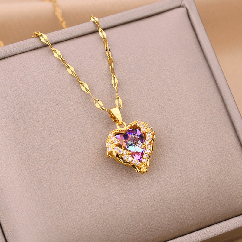 Kalung Titanium Lapis Emas 18k Kristal Hati Sayap Malaikat Wanita Perhiasan