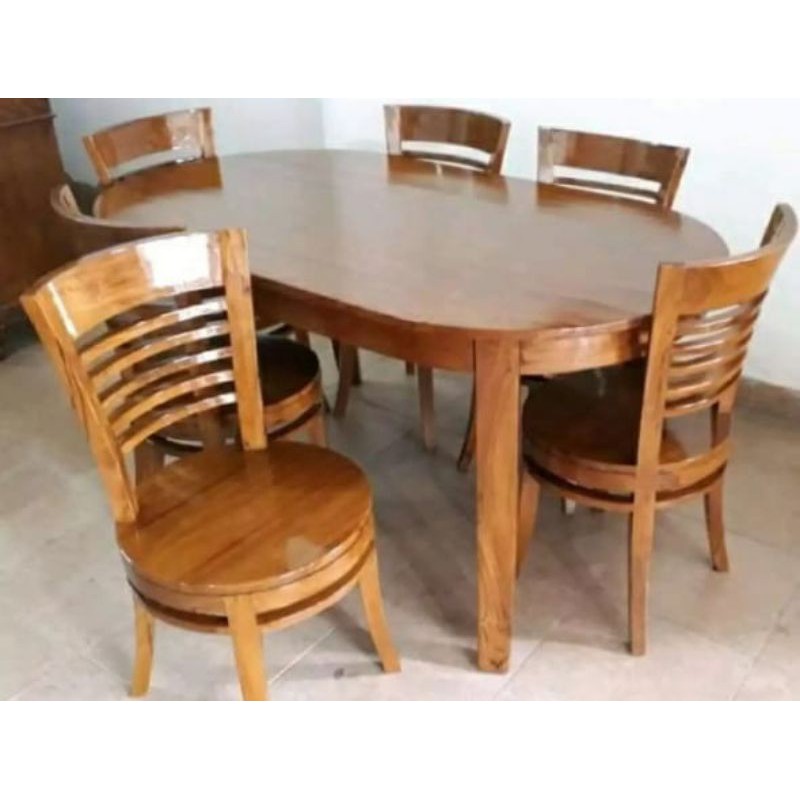 Meja makan 6 kursi bundar jati