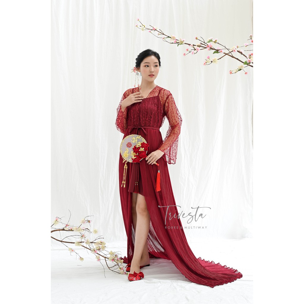 Clarkia Robe in Maroon - Sangjit Tingjing Lamaran Robe Kimono Pengantin