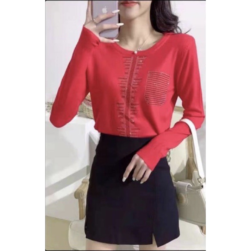 Long Sleeves Knitted Top with Rhinestone Application Import Premium ( Atasan Rajut Lengan Panjang )