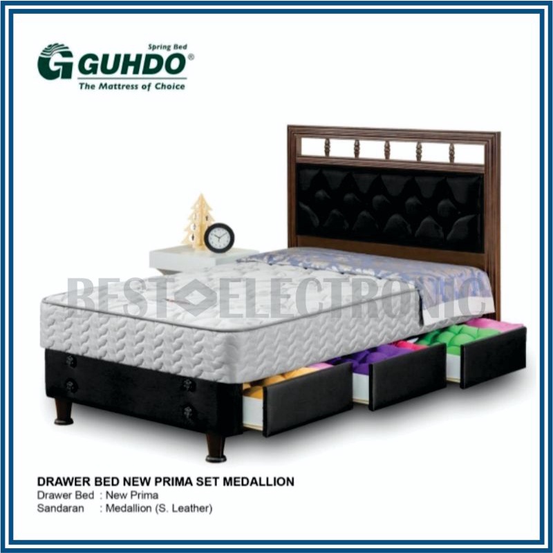 Ranjang Laci Drawer Springbed Guhdo New Prima - Full Set Medallion (Premium / Sandaran Kayu)