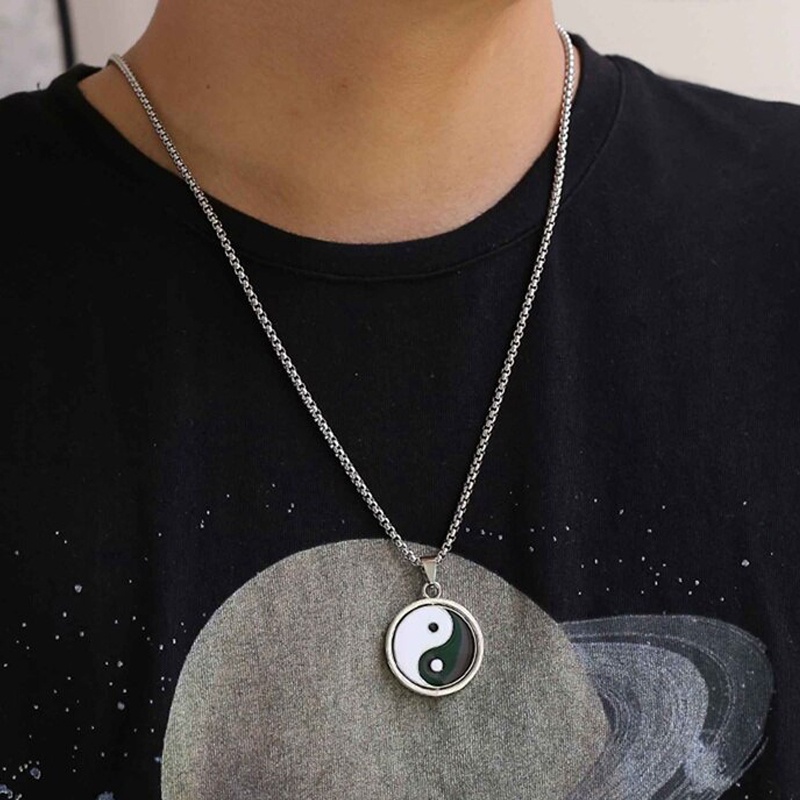 Kalung Rantai Liontin Yin Yang Gosip Taiji Bahan Stainless Steel Gaya Punk Untuk Hadiah