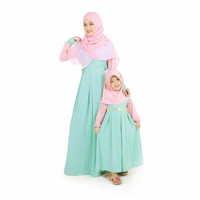 Gamis couple ibu anak jersey mint peach