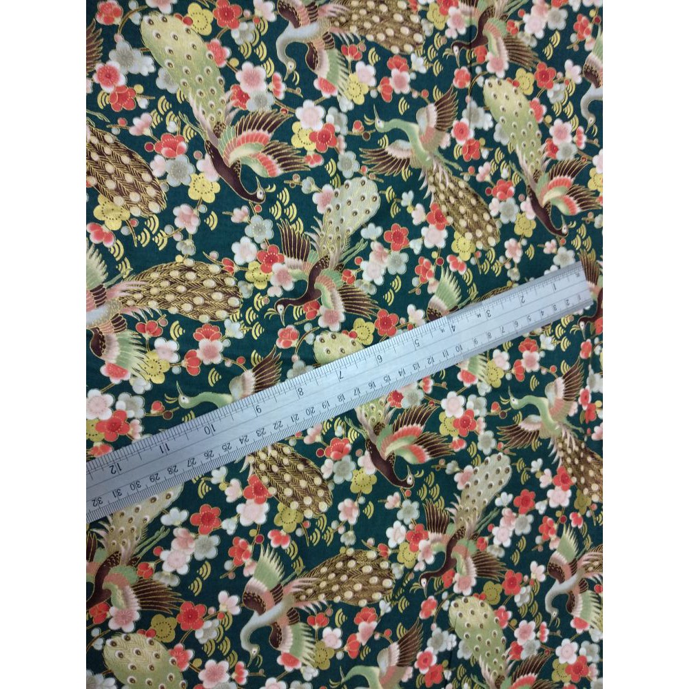 Kain Linen Katun Quilt Import Motif Jepang Peacock Merak Kecil Hijau