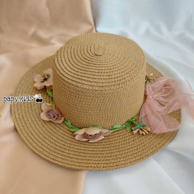 Boater Mahkota BH7/ Topi pantai anak / Topi Bulat import-Mocca