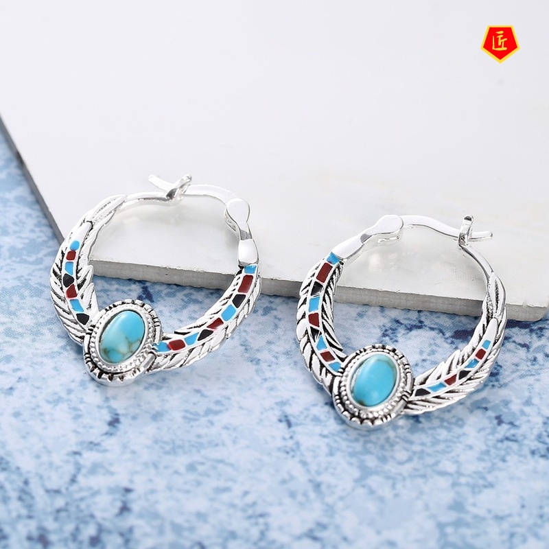 [Ready Stock]Luxury Inlaid Turquoise Feather-Shaped Earrings