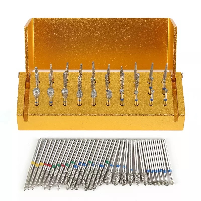 Alice dental bur set diamond high speed isi 30 burs + tempat kotak logam bur gigi holder highspeed bulat round flame fissure