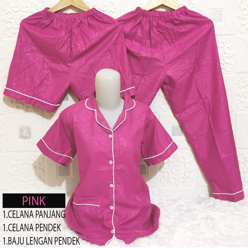 ISANNY PIYAMA SET 3IN1 SIZE.XL/PIYAMA SATIN EMBOS 3 IN 1/WARNA TERBANYAK/READY STOK/REAL PICT-PINK TUA