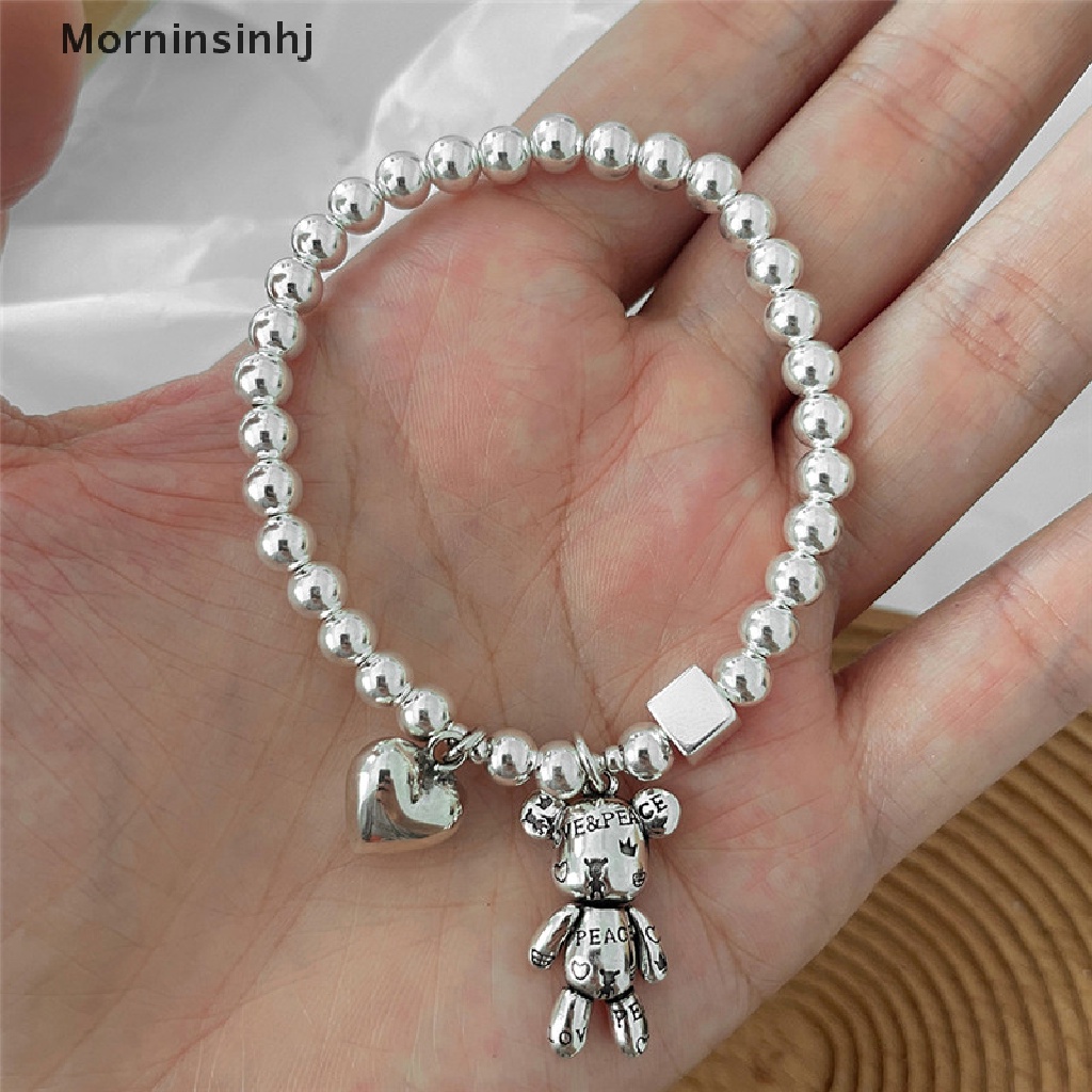 Mornin Gelang Punk Warna Silver Untuk Wanita Manik-Manik String Aksesoris Tren Vintage Sederhana Lucu Beruang Liontin Pesta Perhiasan Halus id