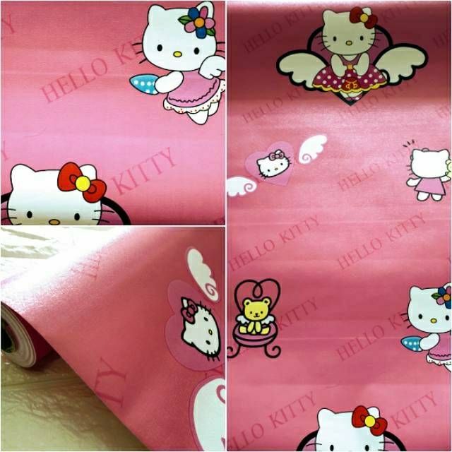 Grosir walpeper dinding 3D motif kartun hello kity warna merah bata