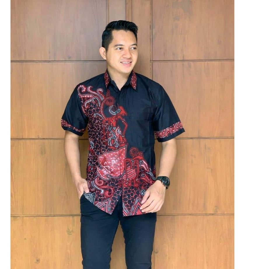 Bagus Dipakai.. KEMEJA BAJU BATIK PRIA LENGAN PENDEK MODERN SERAGAM COWOK KERJA KANTOR MOTIF WAYANG 
