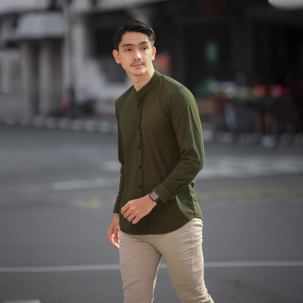 BROGUY Kemeja Pria Lengan Panjang Basic Polos Kerah Sanghai Casual Slimfit Army Size M - XXL