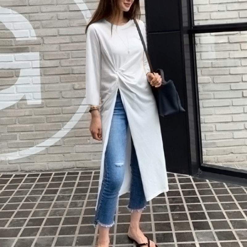 ZANZEA Womens Pleated Side Split Long Sleeve Casual Shirt O-Neck Irregular Long T-Shirt