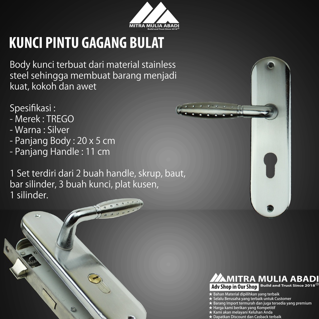 Kunci Pintu Silinder Trego Set Komplit Handle Oval | 20 cm Gagang Handle Pintu Rumah