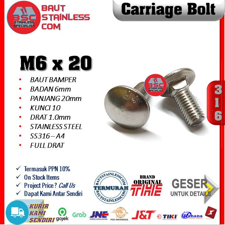 CARRIAGE BOLT BAUT BEMPER PAYUNG STAINLESS SS316 A4 M6X20 ISI 5 PCS