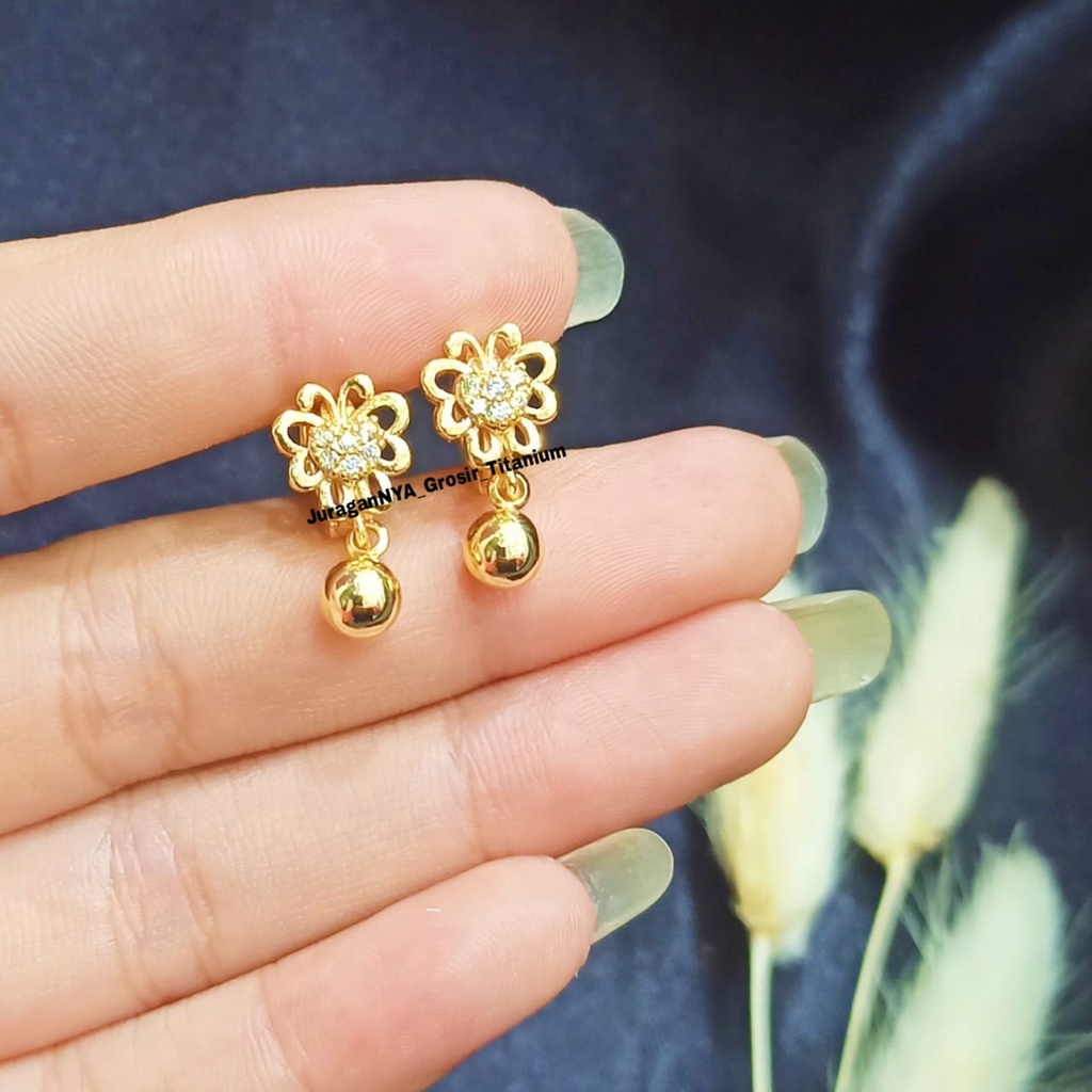 Anting TITANIUM Jepit anak variasi motif permata simple dan elegan Gold,tidak karat *COD*