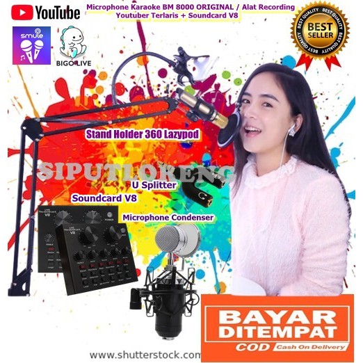 Paket Komplit Mikrofon Karaoke Rekaman Youtober BM 8000 Stand Mic Soundcard V8 Suara Jernih garansi