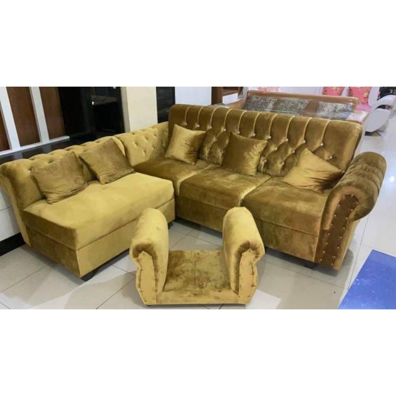 SET SOFA Sudut Jaguar GOLD / Sofa L Jaguar Bludru GOLD + Meja