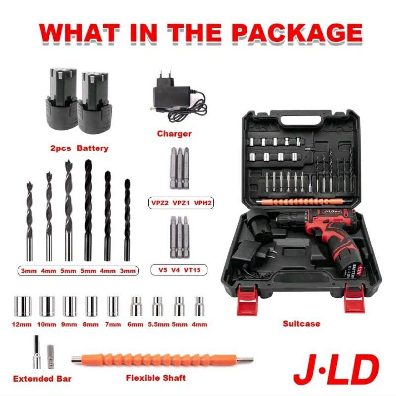 Bor batrei JLD 12V merah cordless drill 2batrei bor obeng sekrup bolak balik japan technology