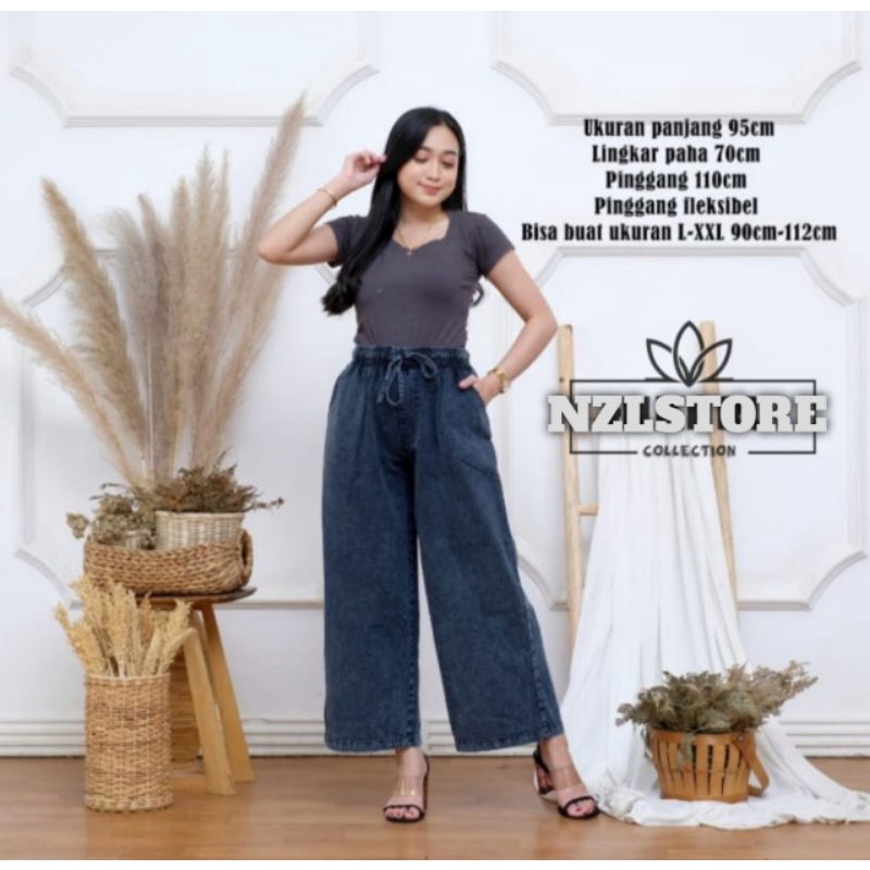 Jeans kulot masa kini - all size - pinggang karet - tali depan - bahan denim