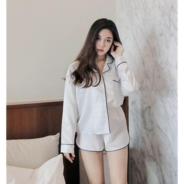 Hq30063 White Silk Pajamas Set Top+Shorts Impor Baju Tidur Wanita Silk - M Tokyoolshop_