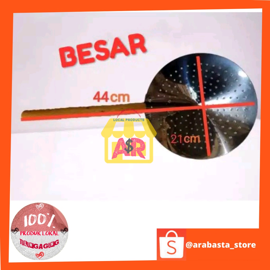 Serok saringan Penggorengan stainless stell BESAR Serok stainless Serok gagang kayu Serok masak