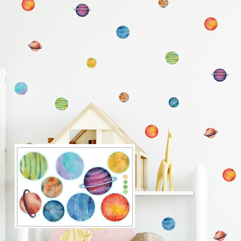 Cute Cartoon Watercolor Planets Pvc Wall Sticker for Kids Room Kindergarten Decoration 20x30cm