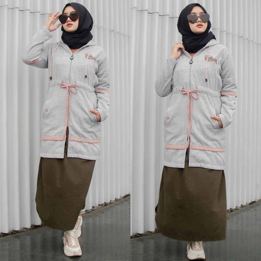 Jaket Jacket Hoodie Panjang Muslimah Wanita Cewek Cwe Hijabers Kekinian Terbaru Fleece Hijacket AUR-Abu Muda