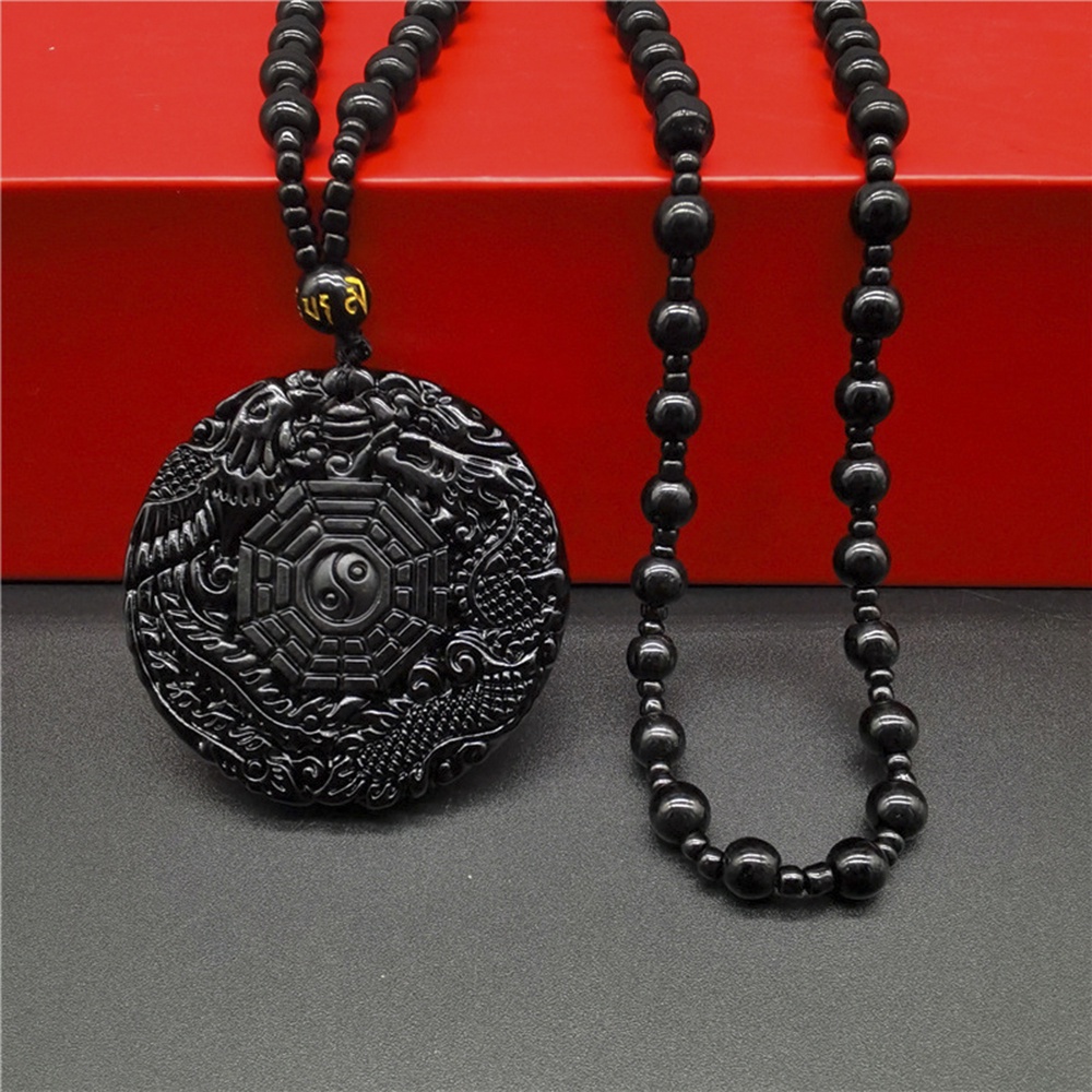 Kalung Liontin Obsidian Motif Naga Phoenix Gaya retro Punk Untuk Pria Dan Wanita