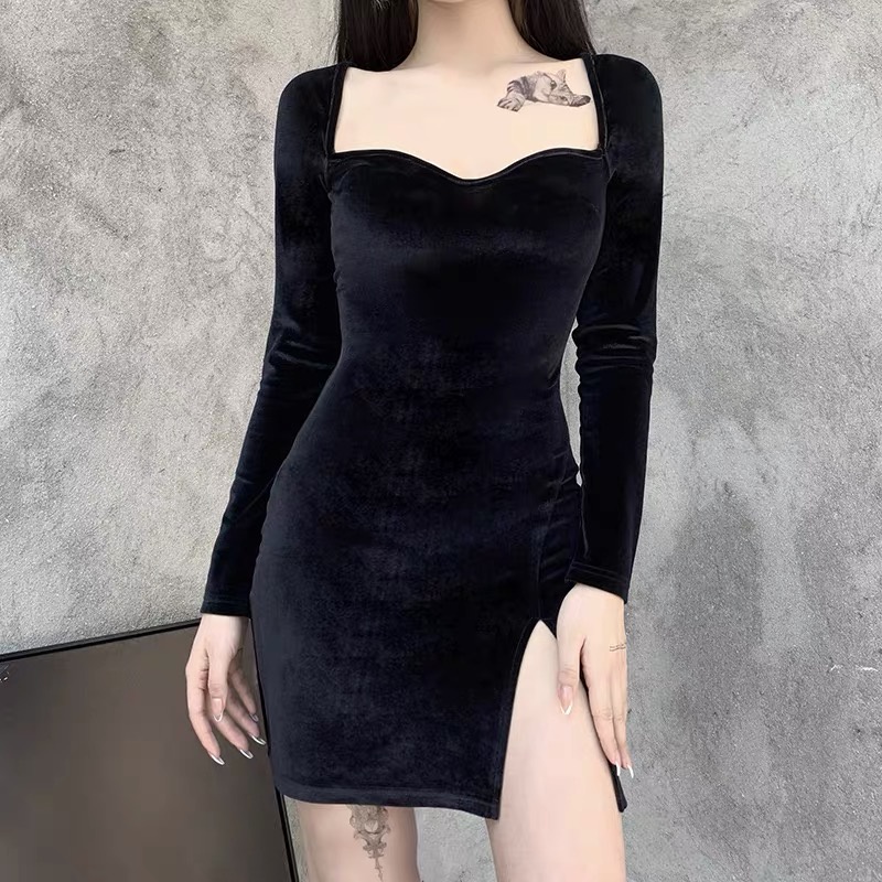 [Goth Story] Long Sleeve Velvet Bodycon Mini Dress Beludru Wanita Lengan Panjang 8643 (S/M/L)