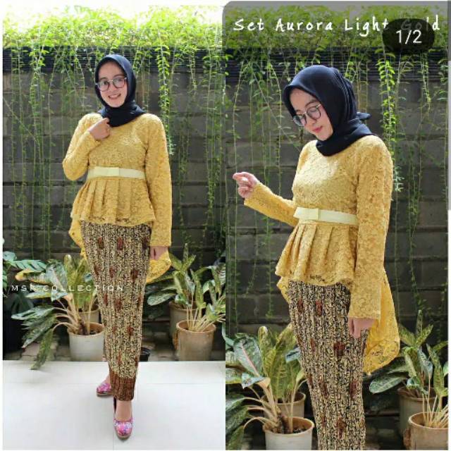 Kebaya aurora set gold/kebaya pinguin/fshion wanita/kebaya wisuda/kebaya brokat/rok plisket