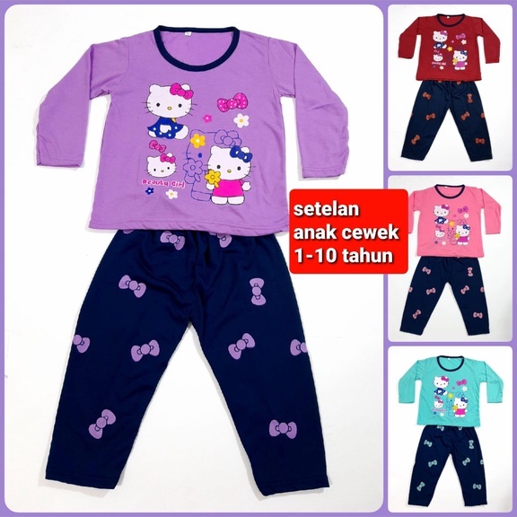 setelan PP 1-10 tahun celana lengan panjang  pakaian tidur anak perempuan baju cewek motif kity pita murah