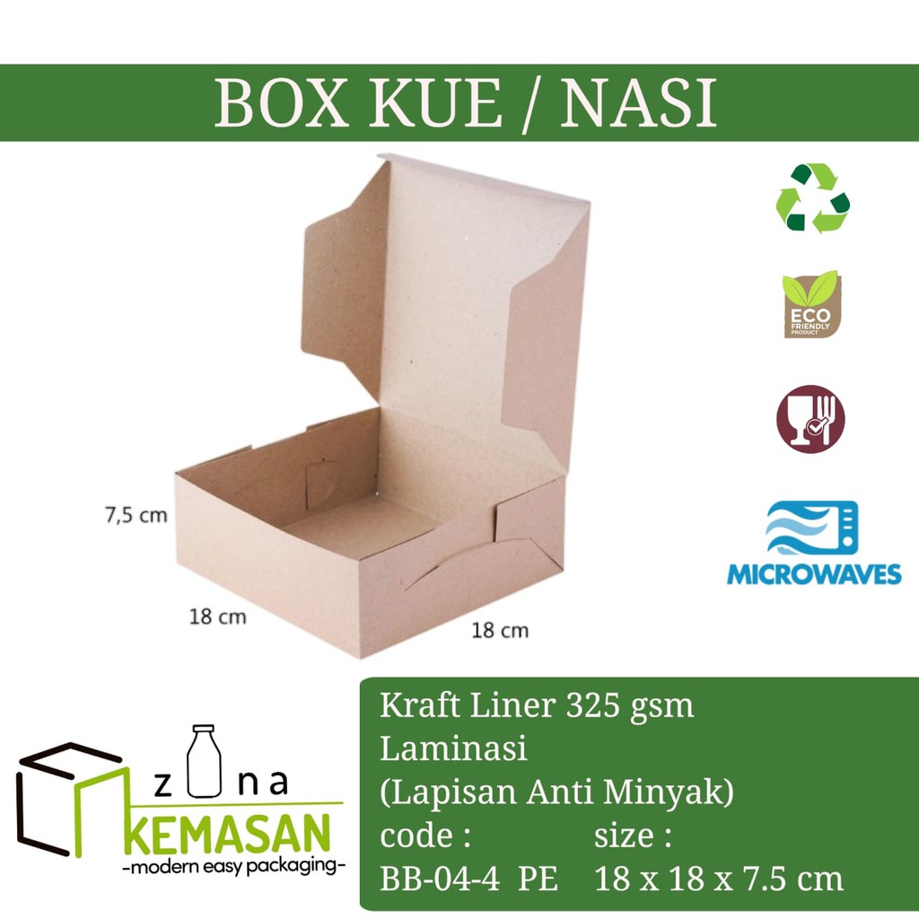 

KEMASAN BOX DUS KARDUS KOTAK MAKANAN NASI ROTI KUE SNACK 18x18x7.5 cm KRAFT 325 gsm LAMINASI