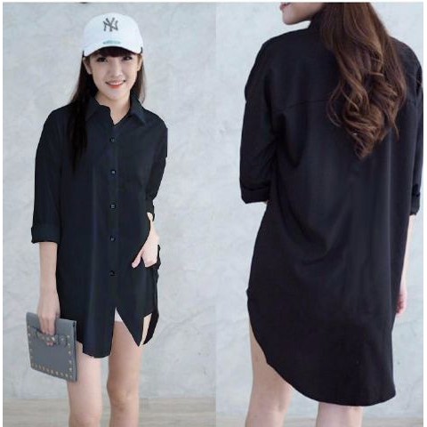 JAKET WANITA -  [Long Hem Caren Hitam SW] kemeja wanita wolly crepe hitam