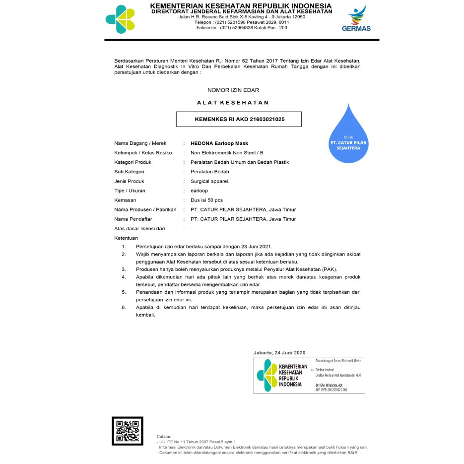 Masker 3ply medis Hedona earloop non emboss ijin Kemenkes AKD