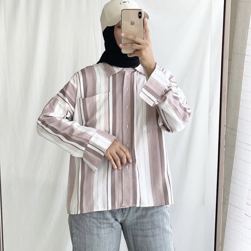 Tq88indonesia Fashion Kemeja Salur Wanita Lengan Panjang Terbaru / CERENA EARTHY TOP SHIRT / Kem / Hem Cewek / Ootd / Outfit Kekinian