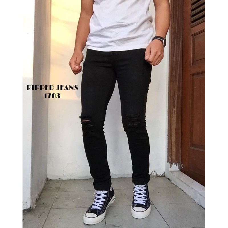 celana jeans pria sobek lutut terbaru ripped slim original distro termurah korean style kekinian COD