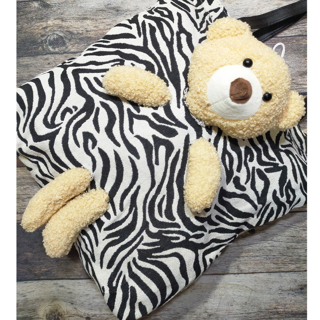 Tas Tote Bag Bahu Shoulder Ukuran Besar Kanvas Motif Boneka Beruang Bear Lucu Impor 2038#