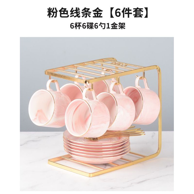 [PO] Gelas Marble + Piring + Sendok Set Grey/Pink Handle List Gold