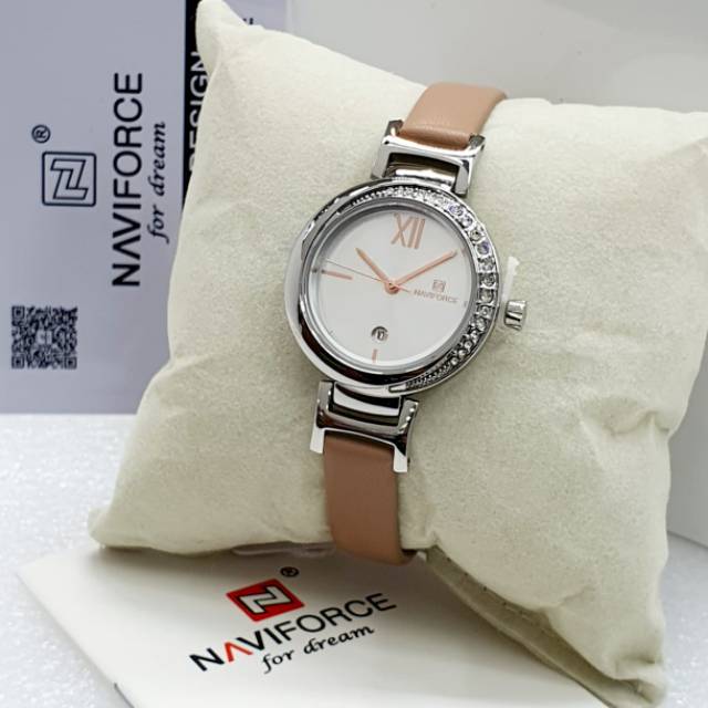 Jam Tangan Wanita Naviforce Original Tali Kulit Tanggal Aktif